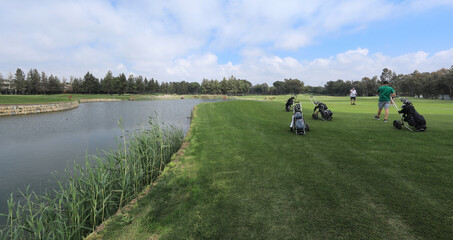 golf course with forest and pond