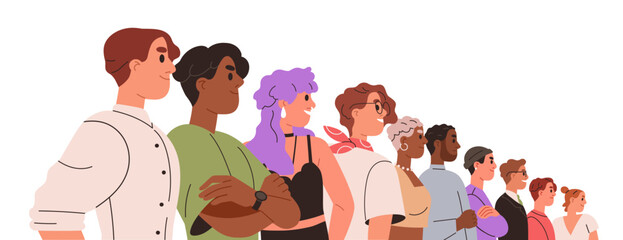 People group together in row. United business team, union, confident community standing in line, perspective view. Fellowship concept. Flat graphic vector illustration isolated on white background