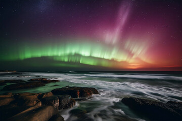 Colorful aurora borealis dancing over the Atlantic Ocean