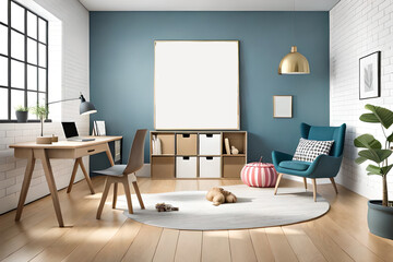 Frame mockup in modern Kids room interior, blue wall. AI Generated.