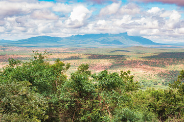 Fototapeta na wymiar Scenic view of Mount Longido against sky in rural Tanzania