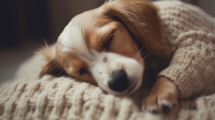 Small Tired Dog Sleeping on Soft Cozy Background. AI Generative