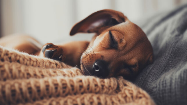 Adorable Puppy With Eyes Closed, Sleeping on Cozy, Soft Knitted Sweater. AI Generative Background