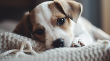 Small Pet Dog Squinting, Closing Eyes and Seeking Sleep on Cozy Background. AI Generative