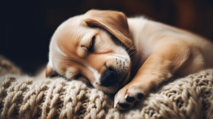 Sleepy Puppy Squinting Eyes, Ready to Sleep on Comfortable Cozy Background. AI Generative