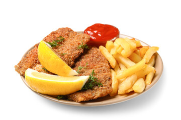 Plate of tasty fried codfish with french fries and lemon on white background