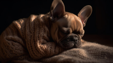 Little Puppy Closing Eyes and Squinting on Soft, Cozy Background for a Nap. AI Generative