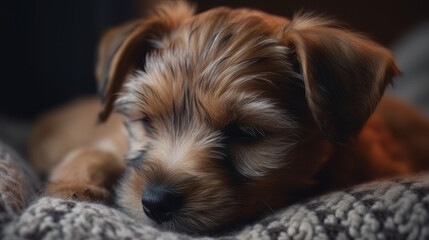 Cute Tired Puppy Squinting Eyes, Wanting to Sleep on Cozy Soft Background. AI Generative