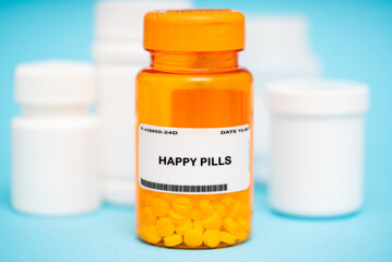 Happy Pills medication In plastic vial