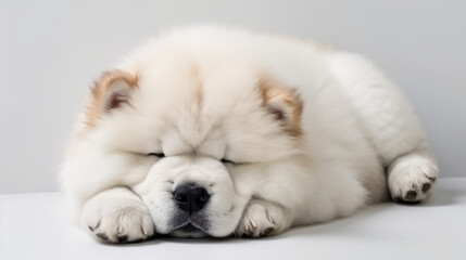 Cute Chow Chow Puppy Taking a Peaceful Nap: Photorealistic Illustration on a Light Background. AI Generative