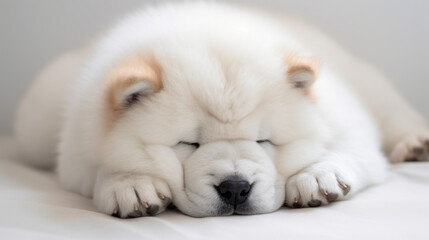 Sweet Sleeping White Chow Chow Puppy: High-Quality Illustration on a Bright Background. AI Generative