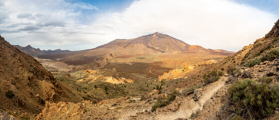 Panoramic view of the Teide National Park volcanic landscape, featuring the iconic peak of Pico del Teide, captured on an overcast day in November, perfect for hiking and exploring the extreme terrain