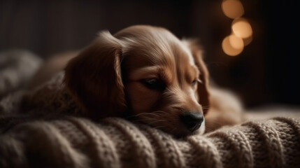 Cute Baby Dog Squinting Eyes, Ready to Sleep on Soft Cozy Background. AI Generative