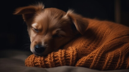 Adorable Little Dog Squinting and Getting Ready for Sleep on Cozy Background. AI Generative