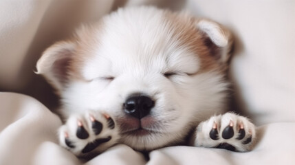 Sleeping Puppy Baby Dog With Paws Up. Сoziness Comfortable Background. AI Generative