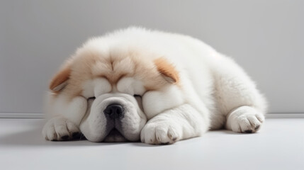 Adorable White Chow Chow Puppy Sleeping Sweetly on Light Background: Photorealistic Illustration. AI Generative