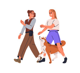 Dog owner, canine animal trainer walking, strolling with doggy, training obedience. Woman giving command to pass through legs with treat. Flat graphic vector illustration isolated on white background