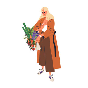 Woman customer with shopping basket, healthy vegetarian food, grocery products. Modern girl buying organic natural vegetables, fruits. Flat graphic vector illustration isolated on white background
