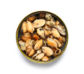 Opened tin can with mussels isolated on white background