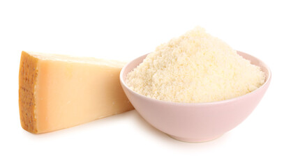 Bowl with tasty Parmesan cheese on white background