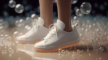 Beine mit weißen Schuhen / Sneaker und Seifenblasen - obrazy, fototapety, plakaty