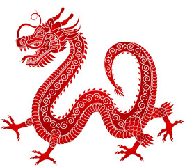 Traditional golden red chinese dragon. Zodiac sign. Sacred animal, a symbol of goodness and power. Asian, japanese mascot and tattoo or T-shirt vector illustration.