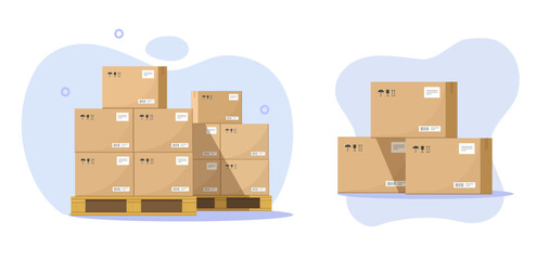 Pallet parcels boxes as cargo warehouse storage vector icon 3d graphic illustration, cardboard export carton packages pile stack for shipping logistic wholesale delivery clipart image - obrazy, fototapety, plakaty