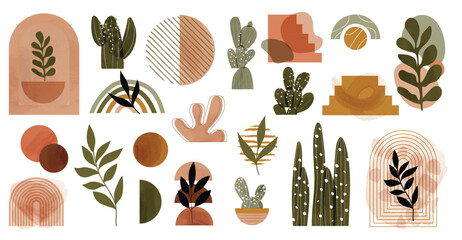 Hand drawn abstract minimal element mid century vector set. Aesthetic contemporary stripe line art, watercolor geometric shapes in earth tone. Art form design for wall art, decoration, wallpaper. © TWINS DESIGN STUDIO