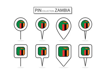 Set of flat pin Zambia flag  icon in diverse shapes flat pin icon Illustration Design.