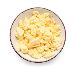 Plate of tasty  scrambled eggs isolated on white background