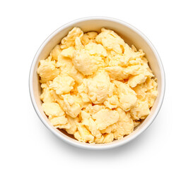 Bowl of tasty scrambled eggs on white background