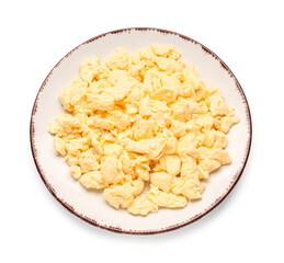 Plate of delicious scrambled eggs isolated on white background