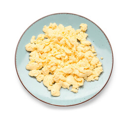 Plate of delicious scrambled eggs isolated on white background