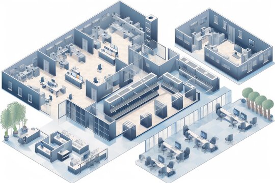 isometric and axonometric floor plans of modern office building, with detailed layouts and furniture, created with generative ai