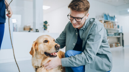 Young Veterinarian Brings a Pet Golden Retriever Back to the Guardian. A Young Man Waiting for His...