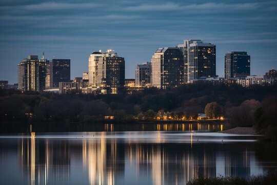 Downtown Rosslyn-Arlington skyline at dusk on the Potomac River in Virginia, USA. Generative AI