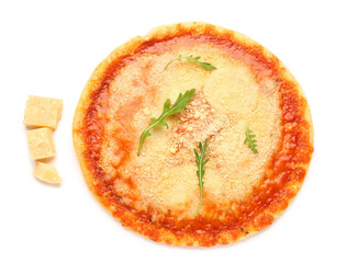 Tasty pizza with parmesan cheese on white background