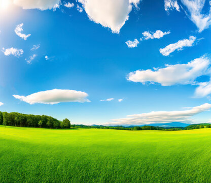 Sunny day. Panoramic natural landscape with green field and blue sky. Generative A