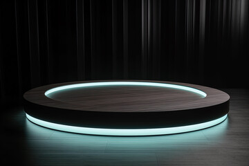 a wooden circular platform podium with a cyan neon light on dark background. Created with Generative AI Technology