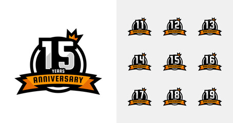 Anniversary badge logo collections. Birthday number for celebration moment with crown and ribbon icon