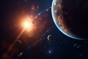 Fototapeta na wymiar Multicolored planets orbit a vibrant star. Space background. Generative AI