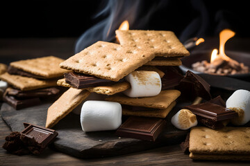 S'mores, with their gooey marshmallow, melty chocolate, and crunchy graham cracker, are a summer campfire favorite that brings people together - obrazy, fototapety, plakaty