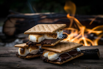 S'mores, with their gooey marshmallow, melty chocolate, and crunchy graham cracker, are a summer campfire favorite that brings people together - obrazy, fototapety, plakaty