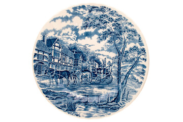 One old porcelain plate on white background, macro, top view.