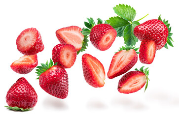 Sliced strawberry flying in the air isolated on white background.