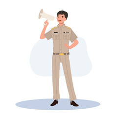male Thai government officers in uniform. Thai man teacher using megaphone. Flat Vector illustration