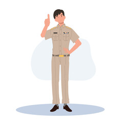 male Thai government officers in uniform. Thai man teacher giving thumb up, good job, very well. Flat Vector illustration