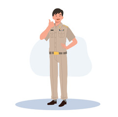 male Thai government officers in uniform. Thai man teacher giving thumb up, good job, very well. Flat Vector illustration