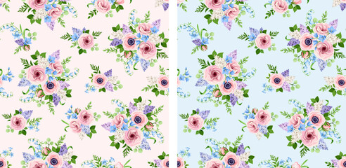 Seamless floral patterns with pink, blue, and purple lisianthus, anemone, bluebell, and lilac flowers on pink and blue backgrounds. Set of vector floral backgrounds