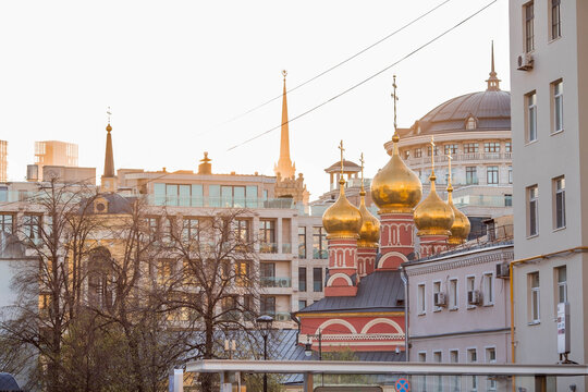 The Church of St. Nicholas the Wonderworker in the rays of the setting sun. Moscow, 1st Smolensky Lane, 20 Orthodox Church in the center of Moscow, in the Arbat district. Russia, Moscow 2023